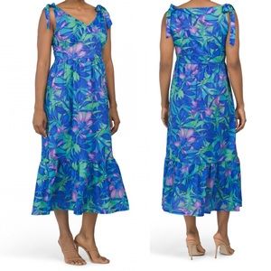 CJ NWOT Blue Purple Green Shoulder Bow Tie Midi Dress